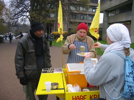 Hot rice and subji as well as cakes and drinks are being served