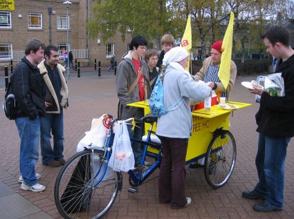 The rickshaw is ideally suited for mobile prasadam distribution